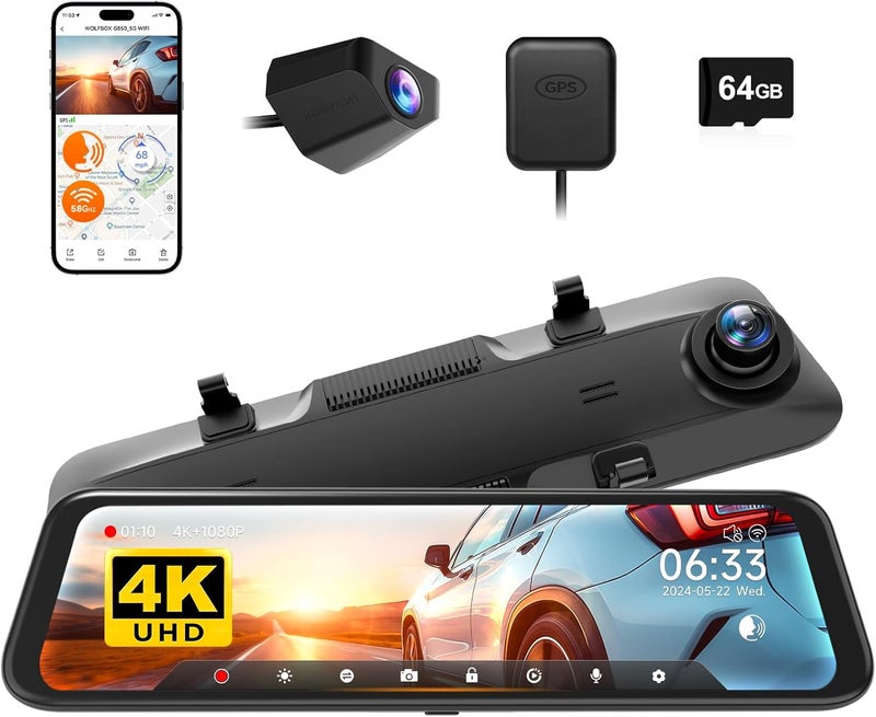 WOLFBOX G850 12" 4K Rear View Mirror Camera with 5.8GHz WiFi and Voice Control - Image 1