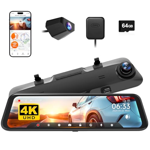 WOLFBOX G850 12 4K Rear View Mirror Camera with 58GHz WiFi and Voice Control Smart Mirror Dash Cam Front and Rear Backup Camera with 1080P Dash Cam with WDR Includes 64GB Card GPS - Image 1