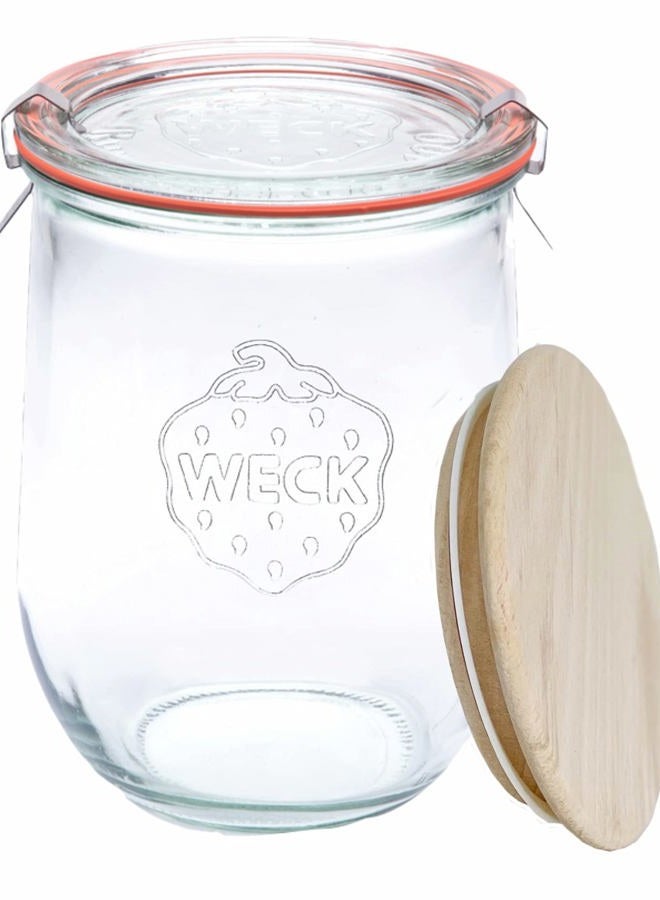 WECK - 745 Tulip Jar 1 Liter - Sour Dough Starter Jars - Large Glass Jar for Sourdough - Tulip Jar with Wide Mouth - Suitable for Canning and Storage - (1 Jar, Glass Lid & Beech Wood Lid) - Image 1