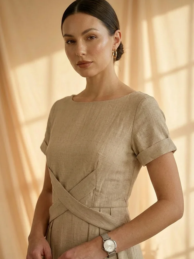 Mish Beige Criss-Cross Waist Detail Knee Length Dress