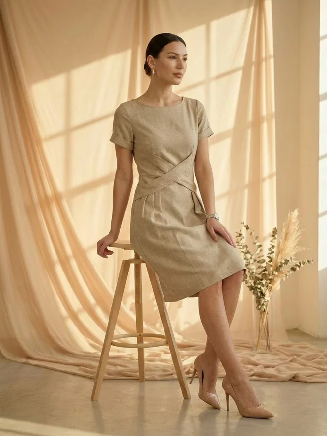 Mish Beige Criss-Cross Waist Detail Knee Length Dress