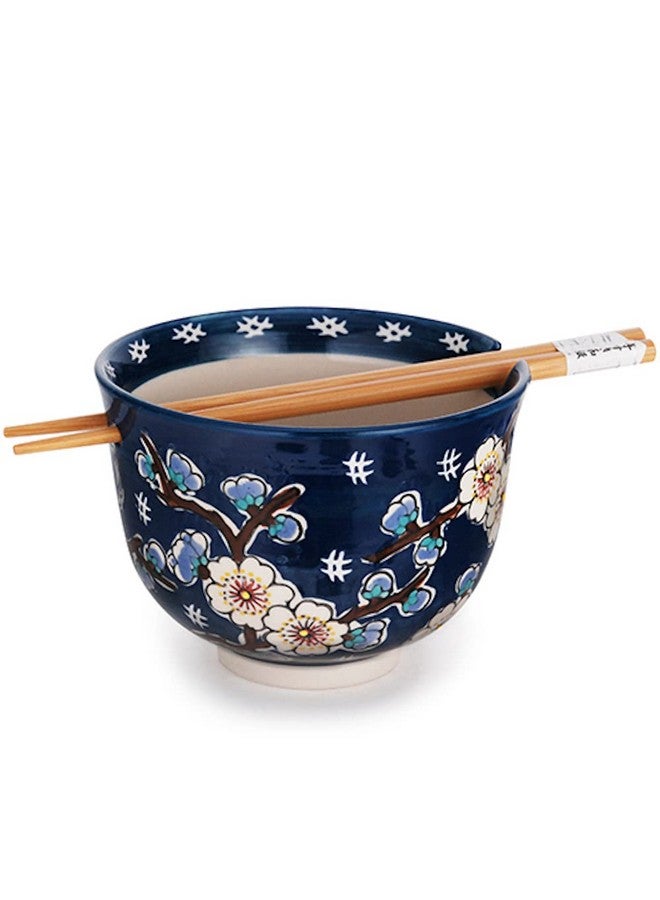 Happy Sales Happy Sales HSRB-DSYFLR, Multi Purpose 5"D Ramen Udon Soba Pho Noodle Donburi Rice Tayo Bowl with Chopsticks, Blue Cherry Blossom 