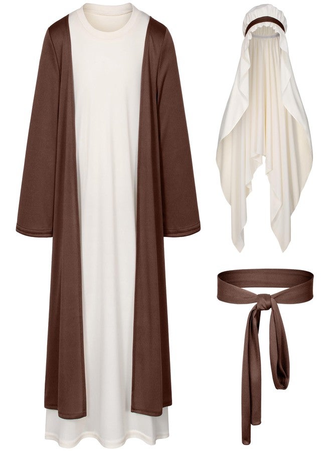 Irtysh Kids Biblical Saint Joseph Costume Jesus Robe Fancy Dress Sherherd Costume Staffs Headwrap Hat Waist Rope Set(Brown 120) - Image 4