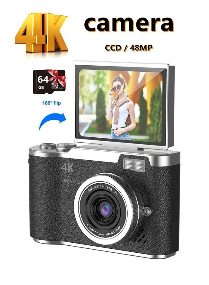 أسيف 4k CCD Digital Zoom الطالب الكاميرا الرقمية 48MP كاميرا التصوير الفوتوغرافي الرقمي المحمول 180 درجة فليب شاشة كاميرا سيلفي ، مع بطاقة SD 64 جيجا بايت - Image 1