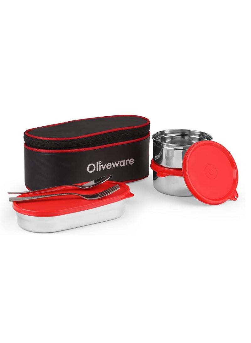 oliveware Sophia Lunch Box | 3 Containers with Steel Spoon & Fork| School & Office Use | Insulated Fabric Bag | Leak Proof (Red)  - Image 1