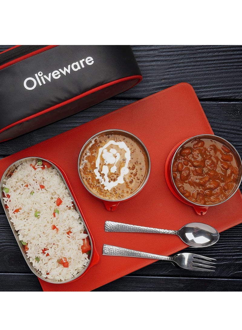 oliveware Sophia Lunch Box | 3 Containers with Steel Spoon & Fork| School & Office Use | Insulated Fabric Bag | Leak Proof (Red)  - Image 5
