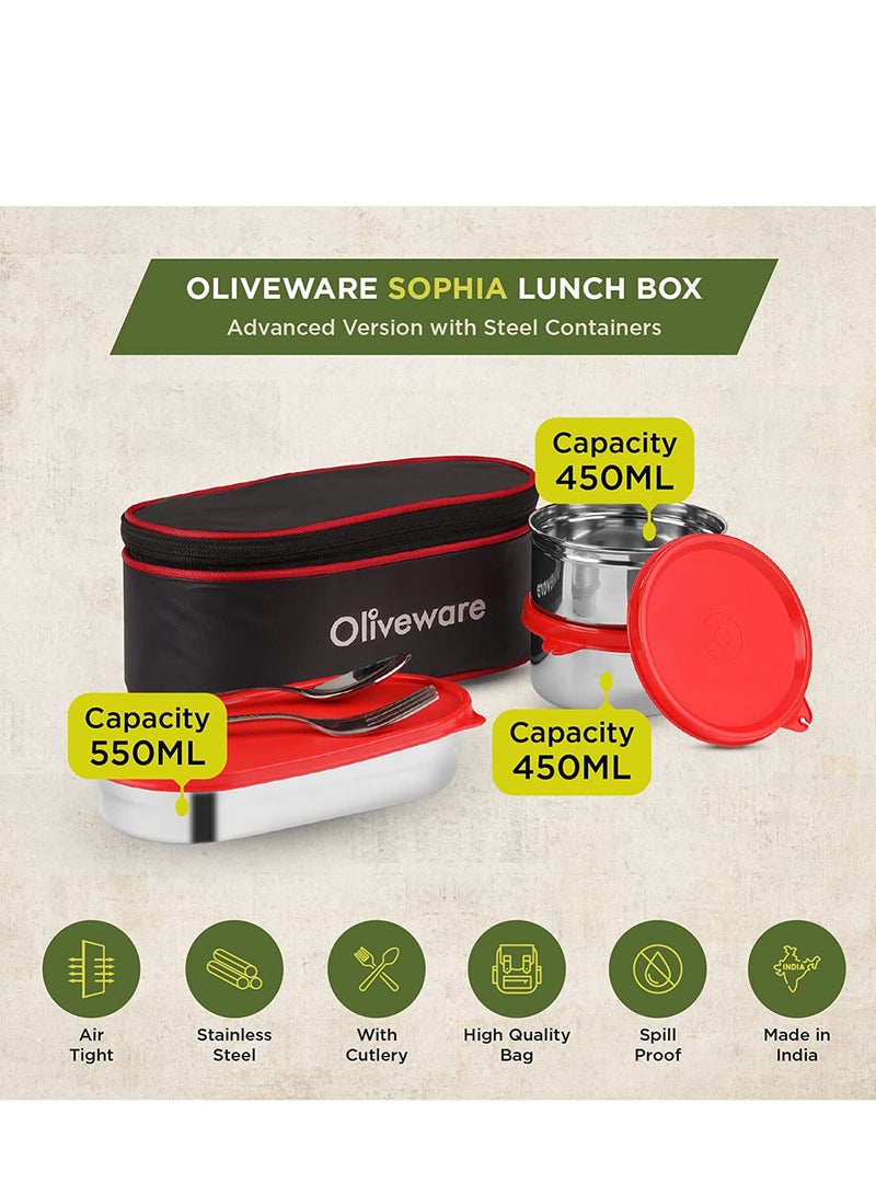 oliveware Sophia Lunch Box | 3 Containers with Steel Spoon & Fork| School & Office Use | Insulated Fabric Bag | Leak Proof (Red)  - Image 3