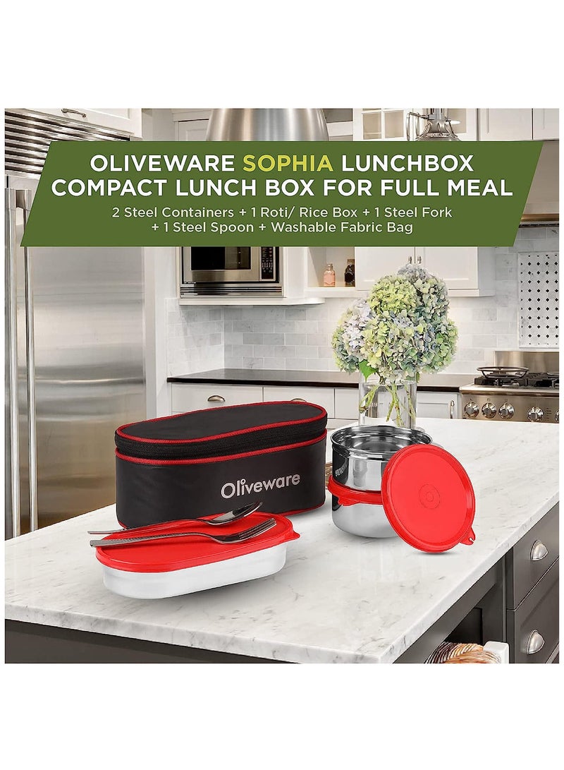 oliveware Sophia Lunch Box | 3 Containers with Steel Spoon & Fork| School & Office Use | Insulated Fabric Bag | Leak Proof (Red)  - Image 2