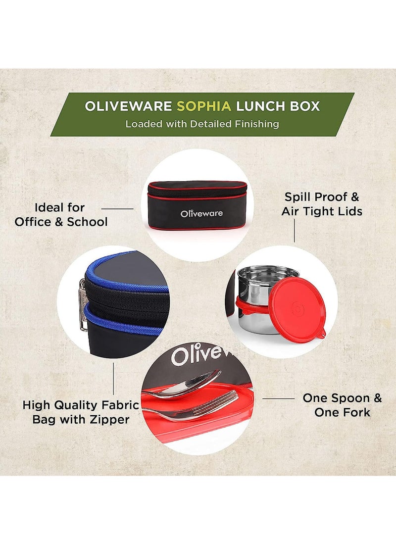 oliveware Sophia Lunch Box | 3 Containers with Steel Spoon & Fork| School & Office Use | Insulated Fabric Bag | Leak Proof (Red)  - Image 4