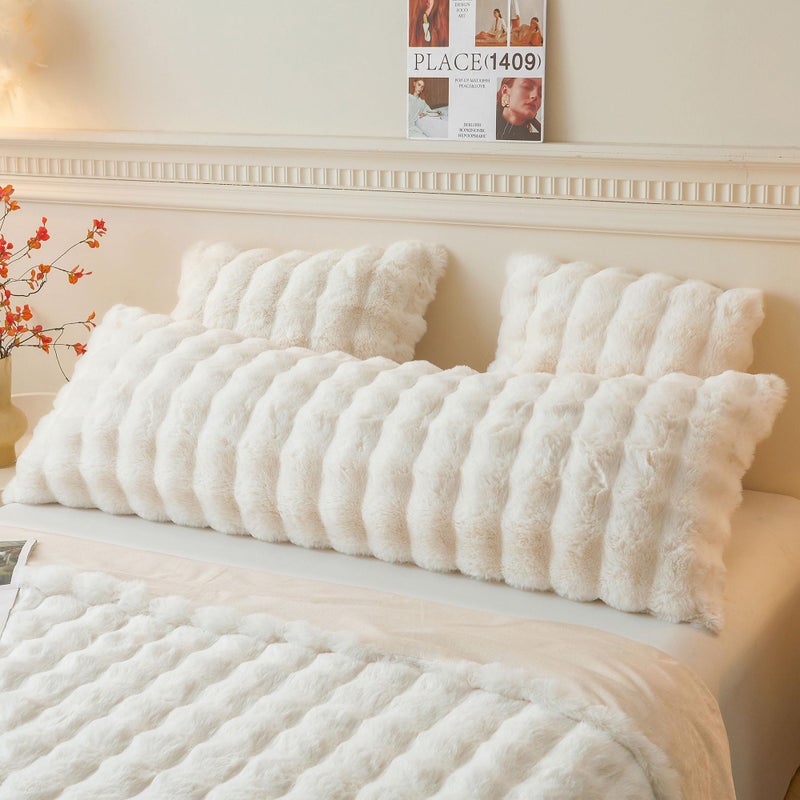 LIFEREVO Fluffy Faux Rabbit Fur Body Pillow Cover, Luxury Ivory Bubble Shaggy Plush Bed Body Pillowcase with Zipper Closure, Long 20"x54" Fuzzy Furry Pillow Case for Adults Kids Girls Teens, Beige - Image 1