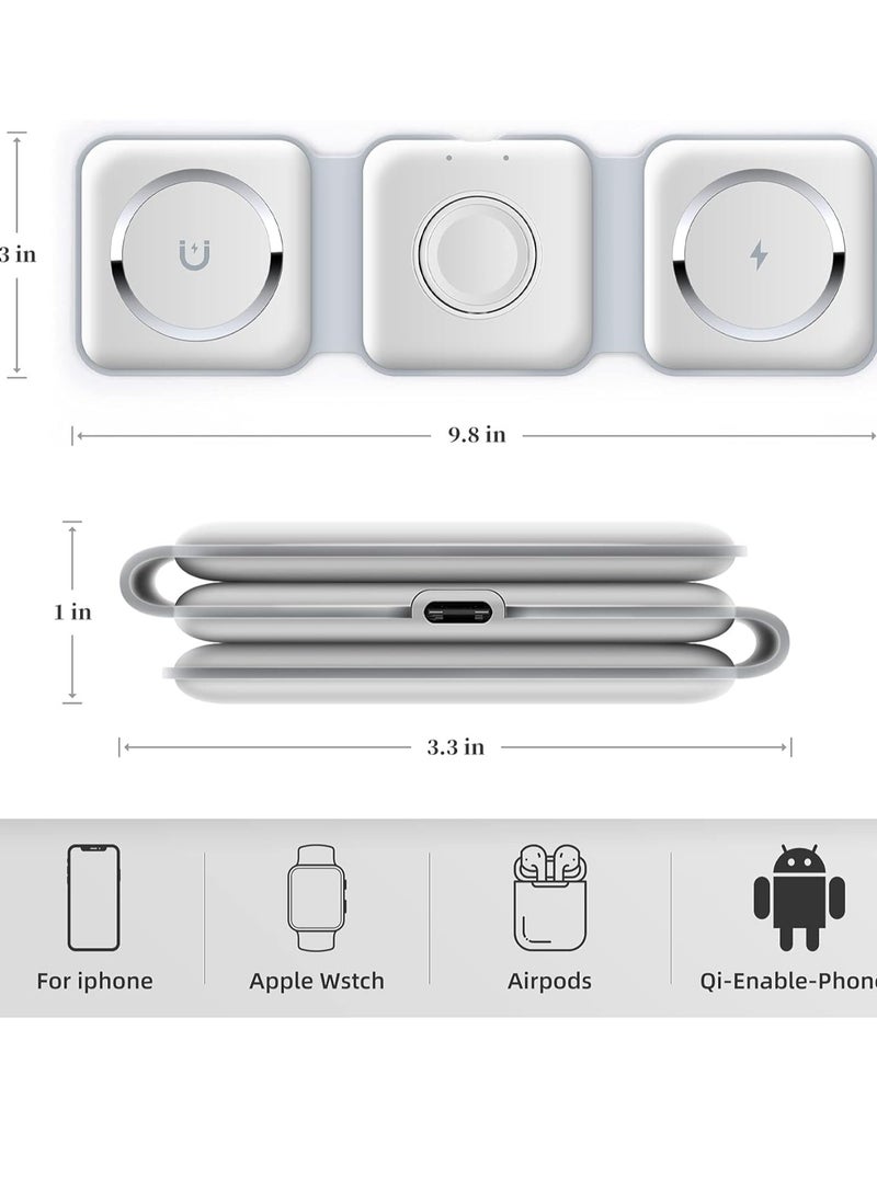 Generic - 3-in-1 Foldable Magnetic Wireless Charger – 15W Mag-Safe Charging Station for iPhone, Apple Watch, and AirPods (White) - Image 1
