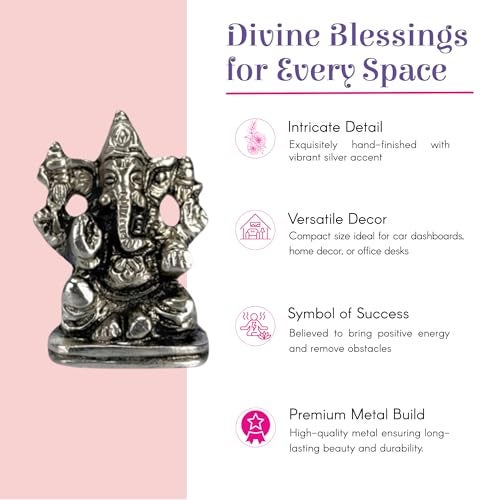 LOVENSPIRE 1 Pc Metal Ganesh Idol for Car Dashboard - 2" Spiritual Ganesh Statue for Mandir, Office & Home Decor - Small Ganpati Murti Figurine, Diwali Pooja & Housewarming Return Gift, Silver - Image 2