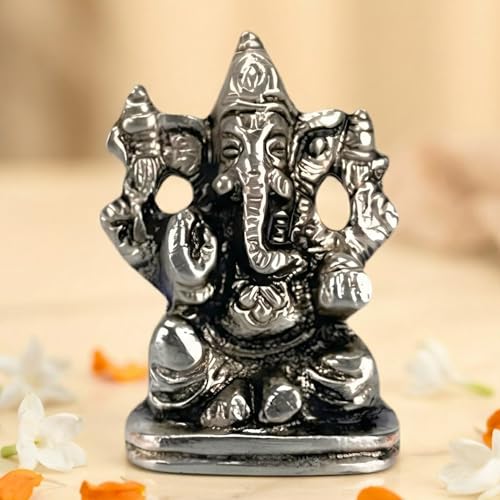 LOVENSPIRE 1 Pc Metal Ganesh Idol for Car Dashboard - 2" Spiritual Ganesh Statue for Mandir, Office & Home Decor - Small Ganpati Murti Figurine, Diwali Pooja & Housewarming Return Gift, Silver - Image 1