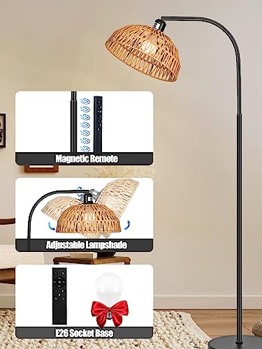 Brilvibera Rattan Floor Lamp- Boho Standing Lamp with Remote Control and Dimmable Bulb, Hand-Worked Adjustable Rattan Shades, Black Farmhouse Tall Lamp, Boho Arc Floor Lamps for Living Room, Bedroom, Office - Image 4