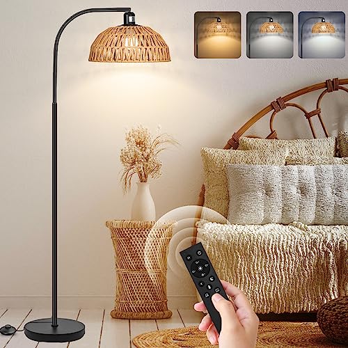 Brilvibera Rattan Floor Lamp- Boho Standing Lamp with Remote Control and Dimmable Bulb, Hand-Worked Adjustable Rattan Shades, Black Farmhouse Tall Lamp, Boho Arc Floor Lamps for Living Room, Bedroom, Office - Image 1