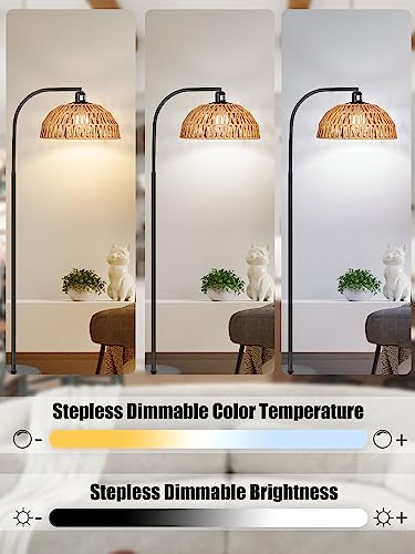 Brilvibera Rattan Floor Lamp- Boho Standing Lamp with Remote Control and Dimmable Bulb, Hand-Worked Adjustable Rattan Shades, Black Farmhouse Tall Lamp, Boho Arc Floor Lamps for Living Room, Bedroom, Office - Image 2
