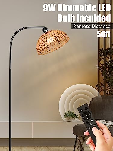Brilvibera Rattan Floor Lamp- Boho Standing Lamp with Remote Control and Dimmable Bulb, Hand-Worked Adjustable Rattan Shades, Black Farmhouse Tall Lamp, Boho Arc Floor Lamps for Living Room, Bedroom, Office - Image 3