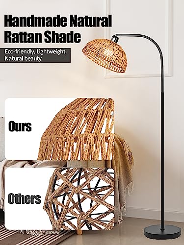 Brilvibera Rattan Floor Lamp- Boho Standing Lamp with Remote Control and Dimmable Bulb, Hand-Worked Adjustable Rattan Shades, Black Farmhouse Tall Lamp, Boho Arc Floor Lamps for Living Room, Bedroom, Office - Image 5