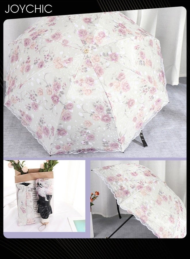 Joychic 3 Fold Fashion Women Lace Pattern Anti-UV Sun and Rain Blocking Travel Umbrella Purple  - Image 2