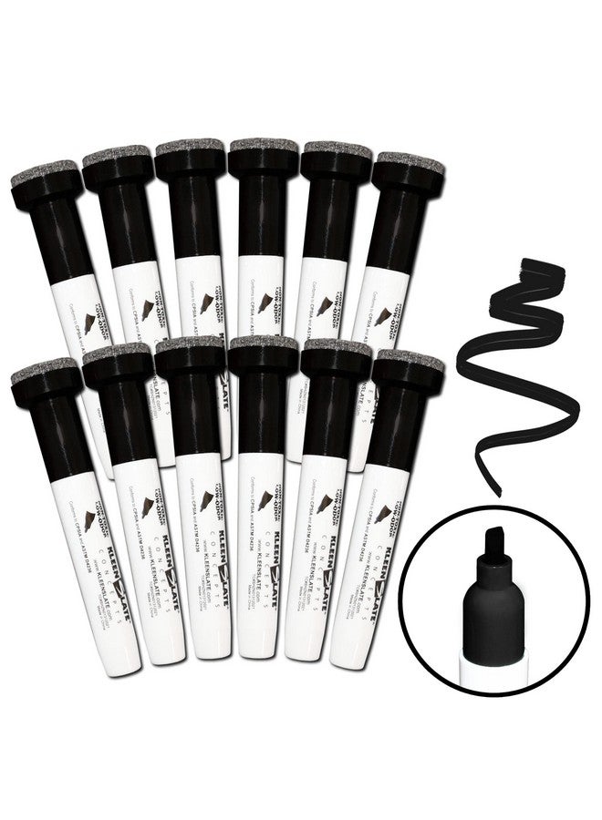 Kleenslate (12) Pack Large Black Dry Erase Markers With Eraser Cap, Chisel Point - Image 1