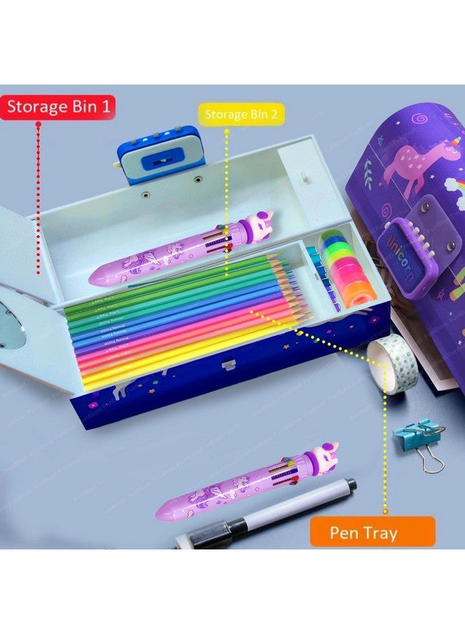 فنبلاست علبة أقلام وأقلام رصاص للأطفال من FunBlast على شكل حقيبة سفر مع قفل بكلمة مرور، علبة أقلام رصاص متعددة الطبقات للأولاد والبنات، علبة أقلام رصاص يونيكورن مع 10 في 1 (لون عشوائي - B، بولي بروبيلين، متعدد الألوان) - Image 3