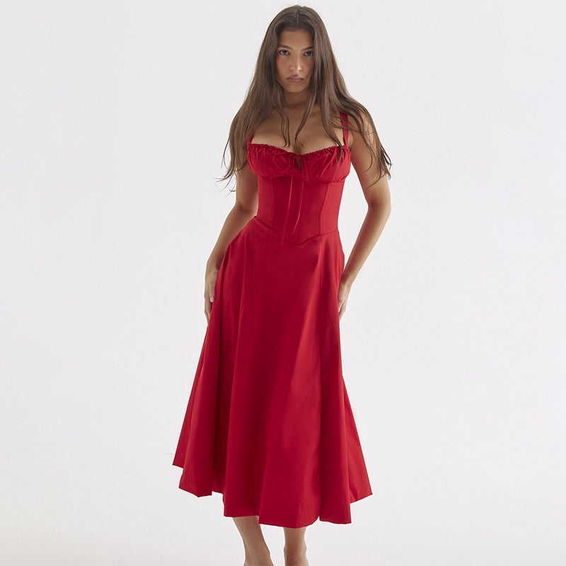 Summer French Style Slim A-Line Split Slip Dress Red 