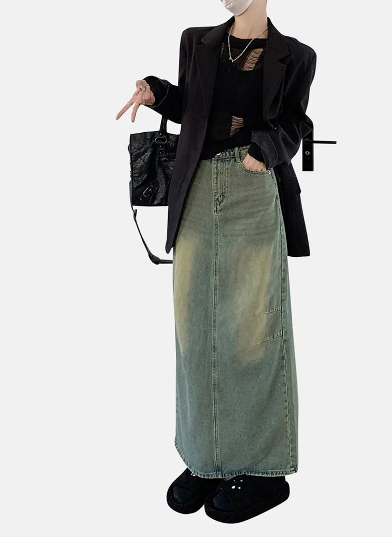 YUNIQEE Blue Solid Denim Maxi Skirt