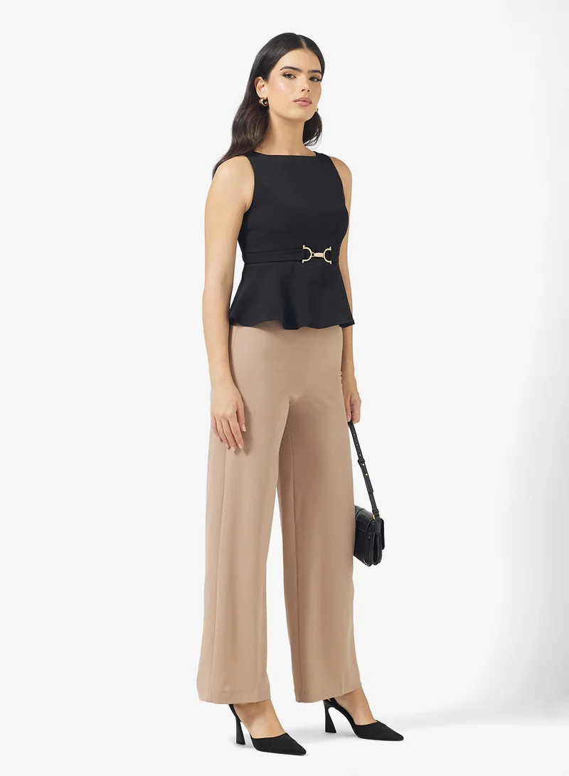 FYOR Beige High-Waisted Wide-Leg Trousers