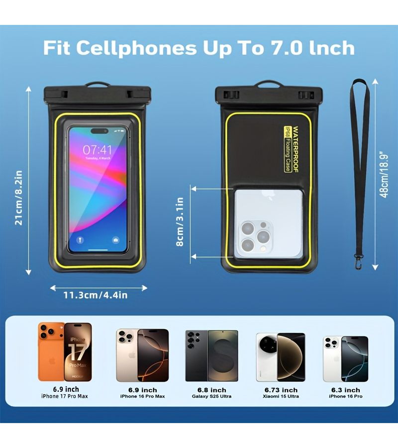 IP68 Waterproof Phone Pouch Sponge Floating Waterproof Phone Case With Lanyard Touchscreen Sensitive Compatible With iPhone 17 Pro Max 16 15 14 S25 S24 Phone Dry Bag For Vacation Cruise Travel Essential 7 0 Inch Black - Image 1