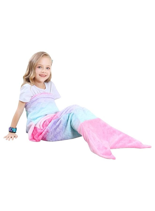 بطانيات ذيل حورية البحر لامعة وقابلة للارتداء ومريحة وناعمة من الفلانيل بألوان قوس قزح وبطانية ذيل حورية البحر للفتيات من سن 5 إلى 12 عامًا - Image 1