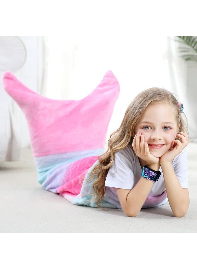 بطانيات ذيل حورية البحر لامعة وقابلة للارتداء ومريحة وناعمة من الفلانيل بألوان قوس قزح وبطانية ذيل حورية البحر للفتيات من سن 5 إلى 12 عامًا - Image 2