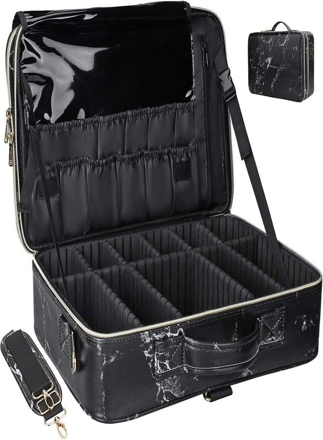 SHAMAX Extra Large Professional Makeup Organizer for Makeup Artists, Cosmetic Vanity Bag, Adjustable Dividers, Travel Makeup Bag for MUA, Nail Artists, MUA(Black Marble) (41x29x12 cm) - Image 1