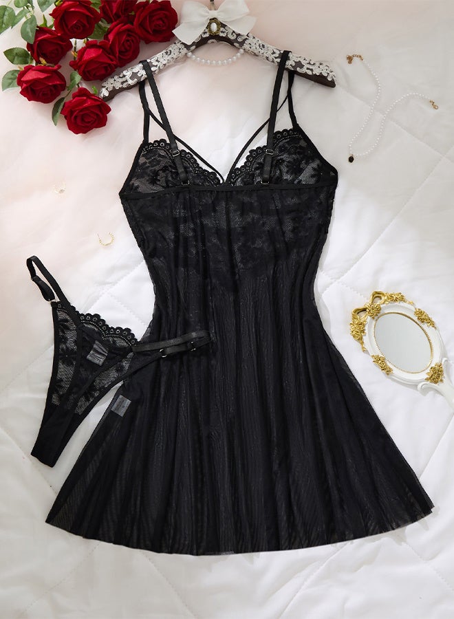 Sexy Lingerie Dress 2pcs Women Night Gown S-XL Babydoll Dress Set Mesh Sheer Lace Bridal Bride Wedding Valentine's Day - Image 2