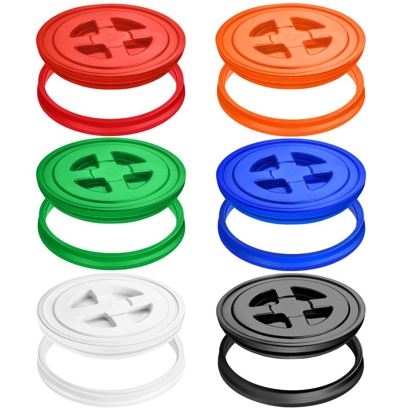 Aodaer 6 Pieces 5 Gallon Seal Lid Bucket Lids Leak Proof Screw Top Sets Plastic Storage Bucket Seal Lids for Cereals Grain Pet Food Coatings Paint Storage Black Red Green White Blue Orange