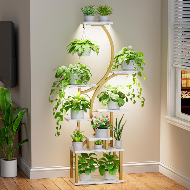 BACEKOLL Plant Stand Indoor with Grow Lights - 62" Tall Plant Shelf, Lighted Corner Plant Stands for Indoor Growing, 8 Tiered Large Flower Holder, S-Shaped Plants Rack for Living Room, Bedroom, Faux Marble - Image 1