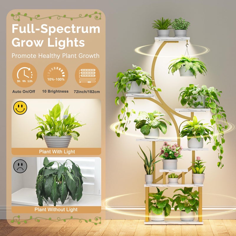 BACEKOLL Plant Stand Indoor with Grow Lights - 62" Tall Plant Shelf, Lighted Corner Plant Stands for Indoor Growing, 8 Tiered Large Flower Holder, S-Shaped Plants Rack for Living Room, Bedroom, Faux Marble - Image 3
