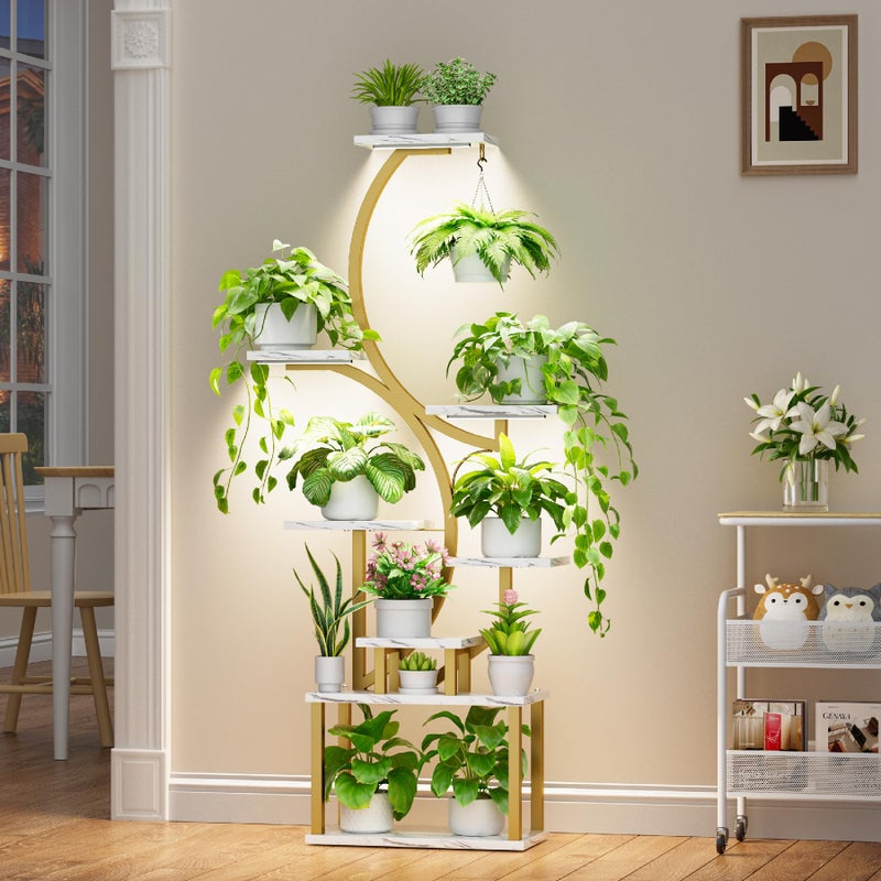 BACEKOLL Plant Stand Indoor with Grow Lights - 62" Tall Plant Shelf, Lighted Corner Plant Stands for Indoor Growing, 8 Tiered Large Flower Holder, S-Shaped Plants Rack for Living Room, Bedroom, Faux Marble - Image 2