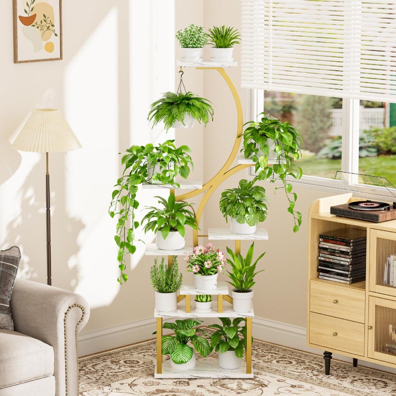 BACEKOLL Plant Stand Indoor with Grow Lights - 62" Tall Plant Shelf, Lighted Corner Plant Stands for Indoor Growing, 8 Tiered Large Flower Holder, S-Shaped Plants Rack for Living Room, Bedroom, Faux Marble - Image 5