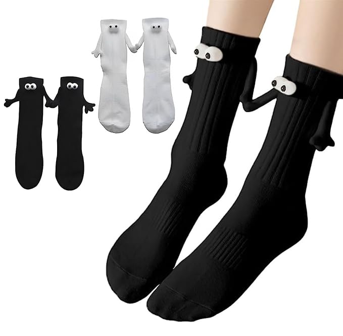 Smilelife 2 Pairs Magnetic Holding Hands Socks - Christmas Stocking Stuffers Funny Gifts for Women & Men, Couples, Teens, Friends (Black+White) - Image 1