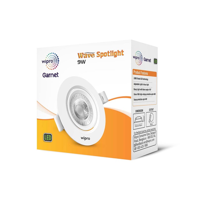 Wipro Garnet 9W Round LED Wave Spotlight COB Spotlight for CeilingWarm White Light 2700K Adjustable Design Recessed Tiltable Downlighter for False Ceiling Cutout 100 mm Pack of 6 - Image 4