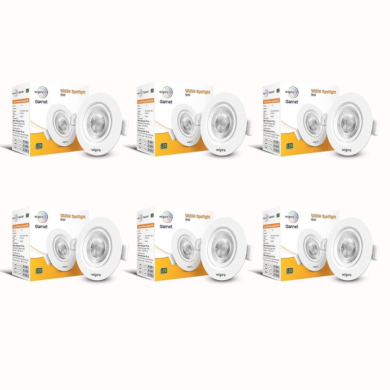 Wipro Garnet 9W Round LED Wave Spotlight COB Spotlight for CeilingWarm White Light 2700K Adjustable Design Recessed Tiltable Downlighter for False Ceiling Cutout 100 mm Pack of 6 - Image 1
