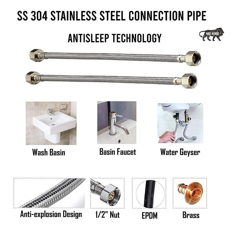 METWIN 18Inch SS-304 Stainless Steel Heavy Duty Connection Pipe For Washbasin/Hot And Cold Water/Geyser Connection Pipe/Basin Mixer Connection Pipe (Pack of 1) - Image 5