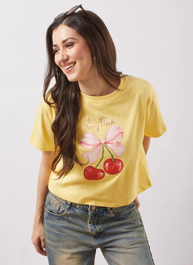 globus Globus Women Yellow Round Neck Short Sleeves Cherry Print Oversized T-Shirt