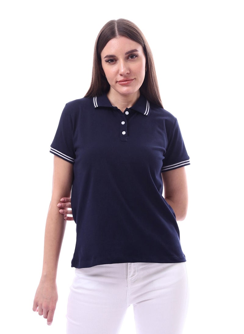 Andora Woman Turn Down Collar Solid Polo Shirt _ Navy - Image 1