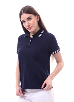 Andora Woman Turn Down Collar Solid Polo Shirt _ Navy  - Image 2
