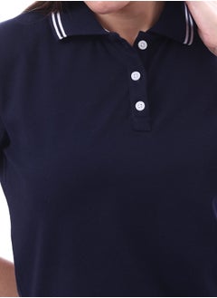 Andora Woman Turn Down Collar Solid Polo Shirt _ Navy  - Image 4