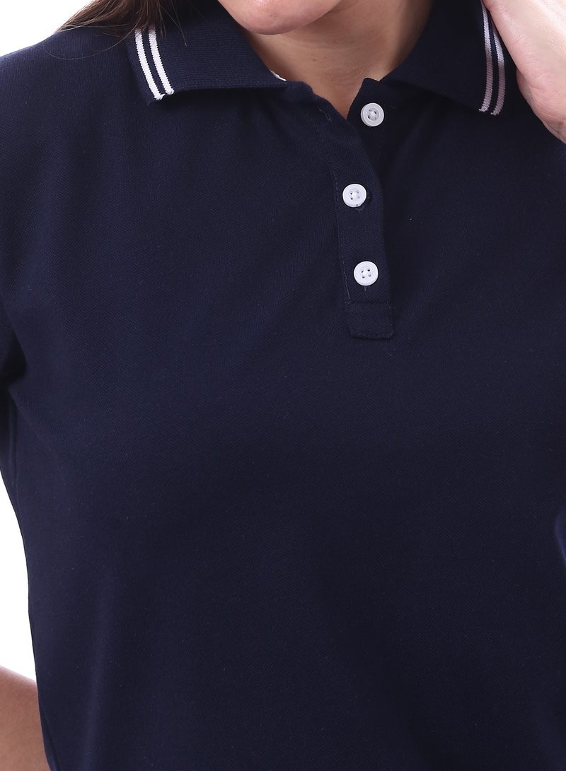 Andora Woman Turn Down Collar Solid Polo Shirt _ Navy - Image 4