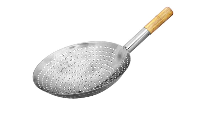 OLRADA Olrada Stainless Steel with Wooden Handle Skimmer Spoon Slotted Strainer Ladle Fine Mesh Wire Oil Filter Colander Scoop for Kitchen Cooking 30 CM - Image 1