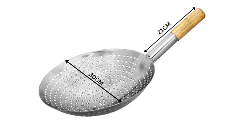 OLRADA Olrada Stainless Steel with Wooden Handle Skimmer Spoon Slotted Strainer Ladle Fine Mesh Wire Oil Filter Colander Scoop for Kitchen Cooking 30 CM - Image 2
