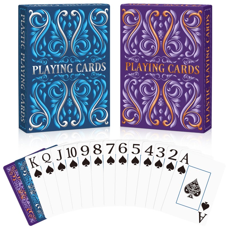 Wkchxd Playing Cards Plastic Playing Cards Waterproof Deck of Cards 2 Pack Large Print Playing Card for Seniors Adults Premium Poker Cards Set for Beach Pool Party Trip Camping Games Navy Blue Purple - Image 3